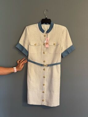 Avec Les Filles Cream Tweed Mini Dress with Blue Trim